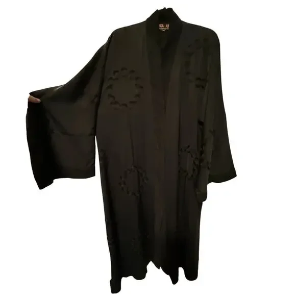 Vintage 70s Abaya Kimono Robe O/S Embroidered Longline Duster Jacket Black - Picture 9 of 11